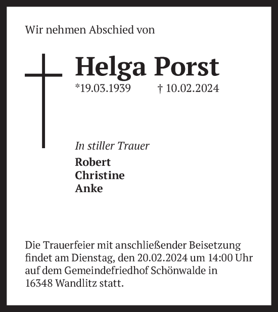 Traueranzeige von Helga Porst von Märkische Oderzeitung