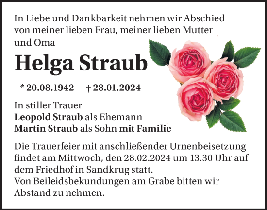 Traueranzeige von Helga Straub von Märkische Oderzeitung