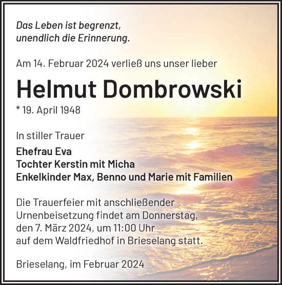Traueranzeige von Helmut Dombrowski von Märkische Oderzeitung