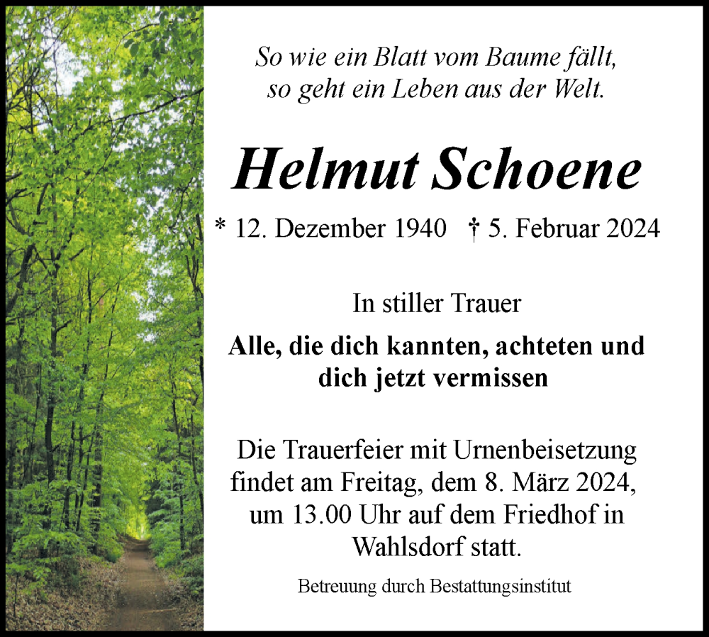  Traueranzeige für Helmut Schoene vom 10.02.2024 aus Märkische Oderzeitung