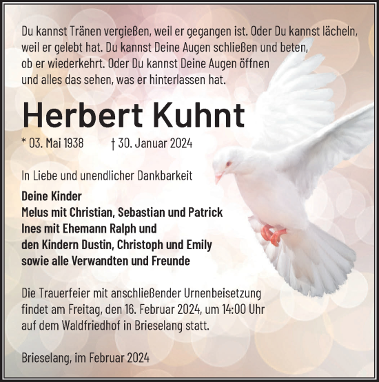 Traueranzeige von Herbert Kuhnt von Märkische Oderzeitung