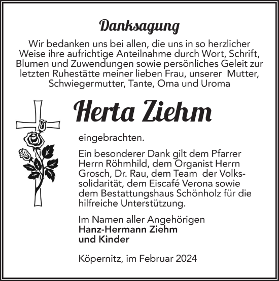 Traueranzeige von Herta Ziehm von Märkische Oderzeitung