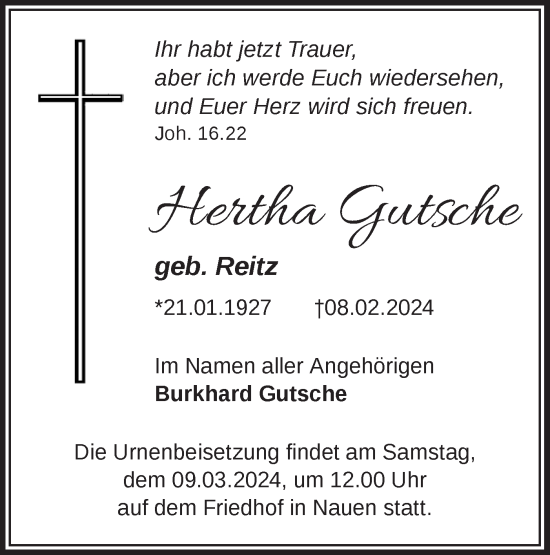 Traueranzeige von Hertha Gutsche von Märkische Oderzeitung