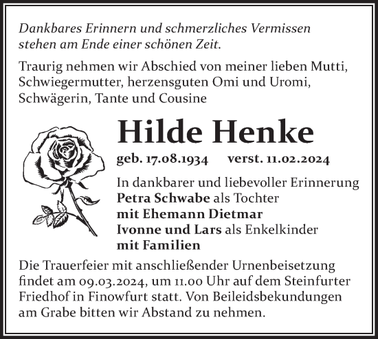 Traueranzeige von Hilde Henke von Märkische Oderzeitung
