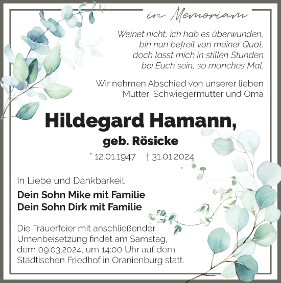 Traueranzeige von Hildegard Hamann von Märkische Oderzeitung