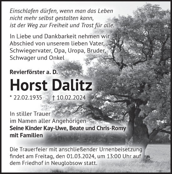 Traueranzeige von Horst Dalitz von Märkische Oderzeitung