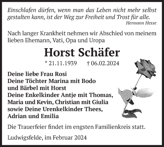 Traueranzeige von Horst Schäfer von Märkische Oderzeitung