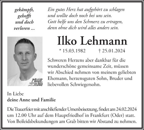 Traueranzeige von Ilko Lehmann von Märkische Oderzeitung