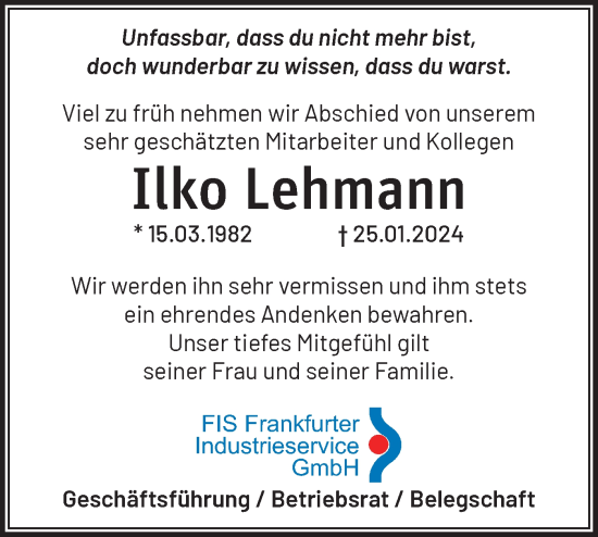 Traueranzeige von Ilko Lehmann von Märkische Oderzeitung