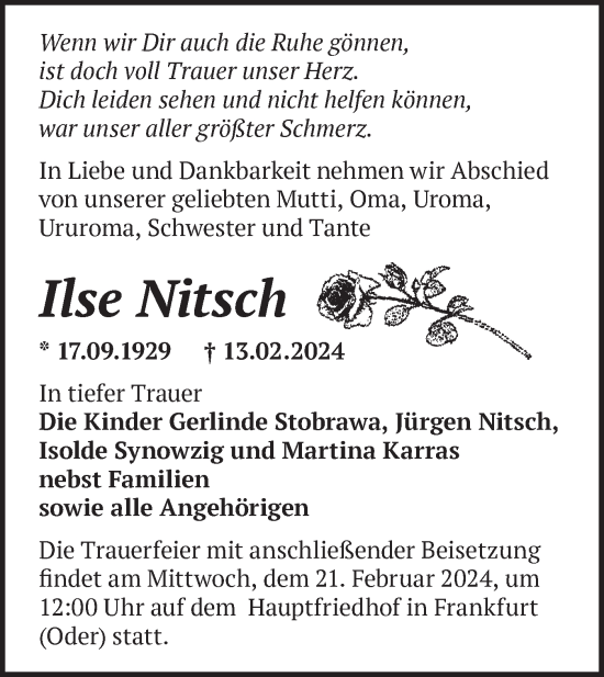 Traueranzeige von Ilse Nitsch von Märkische Oderzeitung