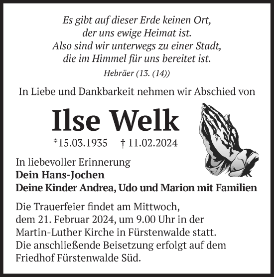Traueranzeige von Ilse Welk von Märkische Oderzeitung