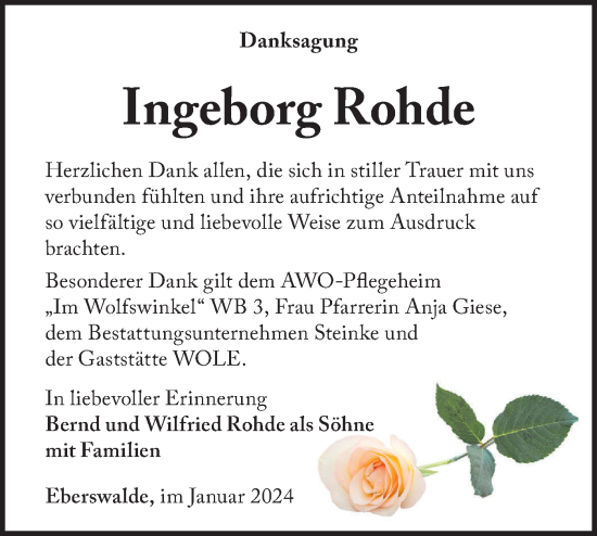 Traueranzeige von Ingeborg Rohde von Märkische Oderzeitung