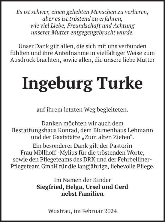 Traueranzeige von Ingeburg Turke von Märkische Oderzeitung