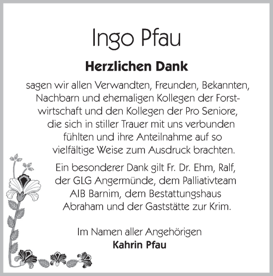 Traueranzeige von Ingo Pfau von Märkische Oderzeitung