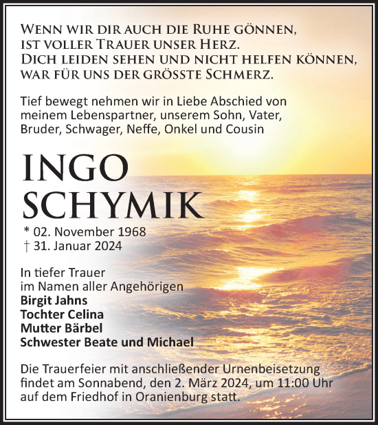 Traueranzeige von Ingo Schymik von Märkische Oderzeitung