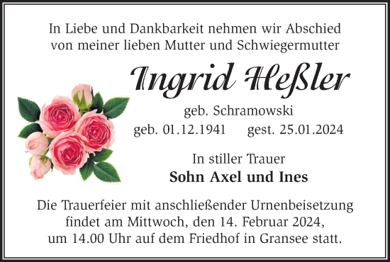 Traueranzeige von Ingrid Heßler von Märkische Oderzeitung