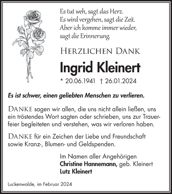 Traueranzeige von Ingrid Kleinert von Märkische Oderzeitung