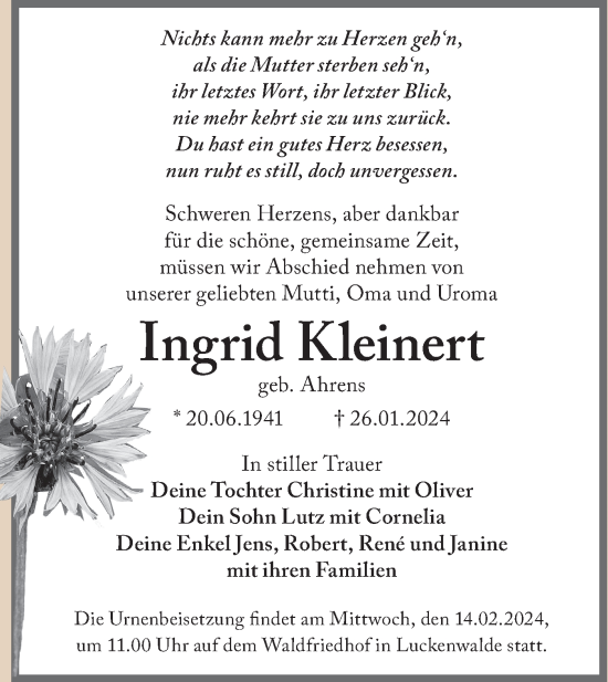 Traueranzeige von Ingrid Kleinert von Märkische Oderzeitung