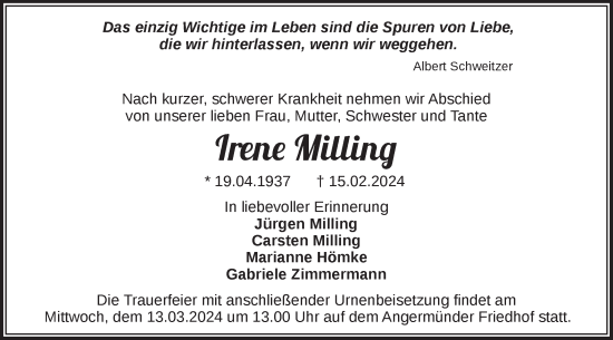 Traueranzeige von Irene Milling von Märkische Oderzeitung