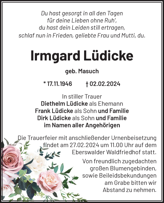 Traueranzeige von Irmgard Lüdicke von Märkische Oderzeitung
