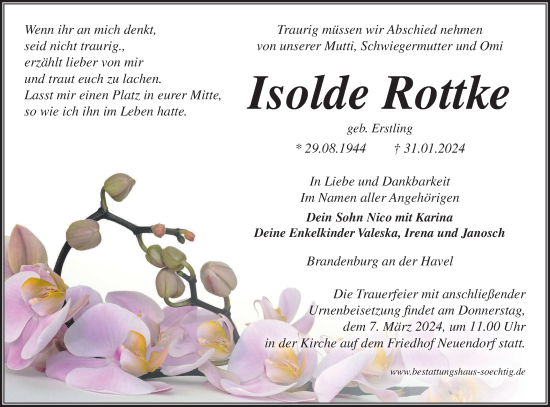 Traueranzeige von Isolde Rottke von Märkische Oderzeitung