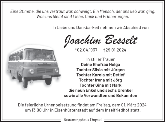 Traueranzeige von Joachim Besselt von Märkische Oderzeitung