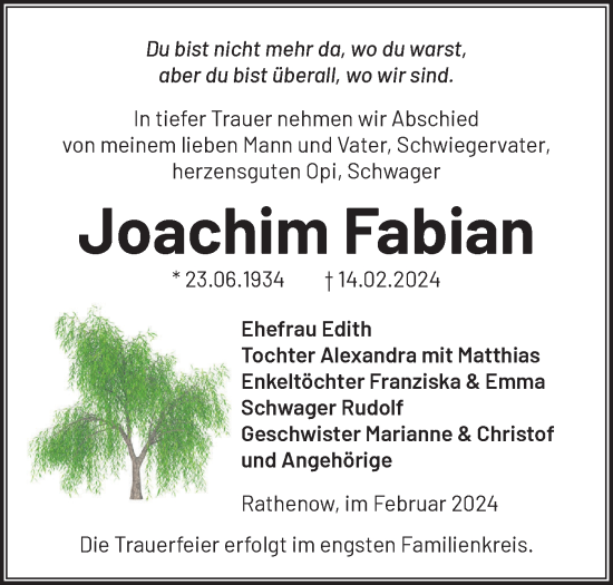 Traueranzeige von Joachim Fabian von Märkische Oderzeitung