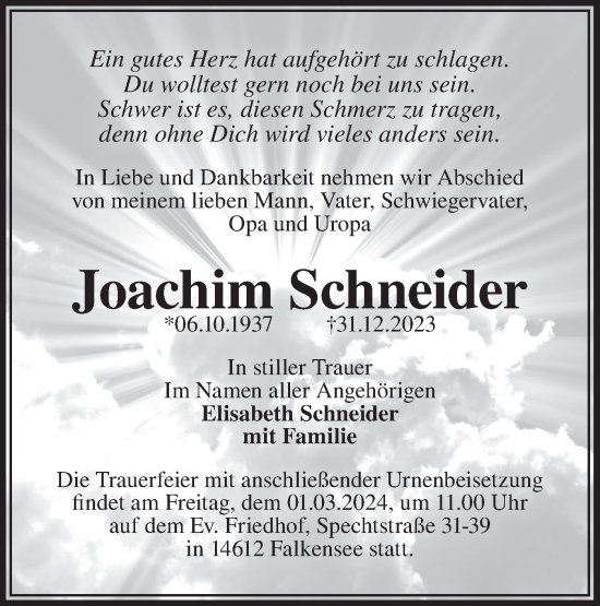 Traueranzeige von Joachim Schneider von Märkische Oderzeitung