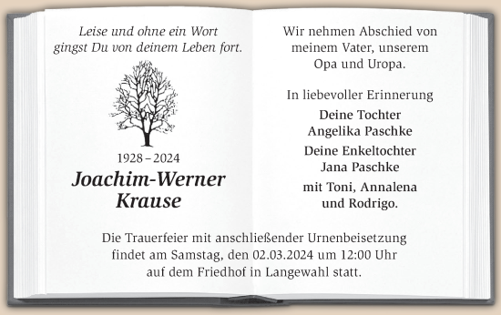 Traueranzeige von Joachim-Werner Krause von Märkische Oderzeitung