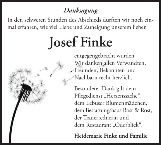 Traueranzeige von Josef Finke von Märkische Oderzeitung