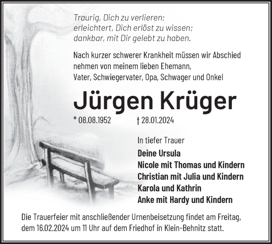 Traueranzeige von Jürgen Krüger von Märkische Oderzeitung