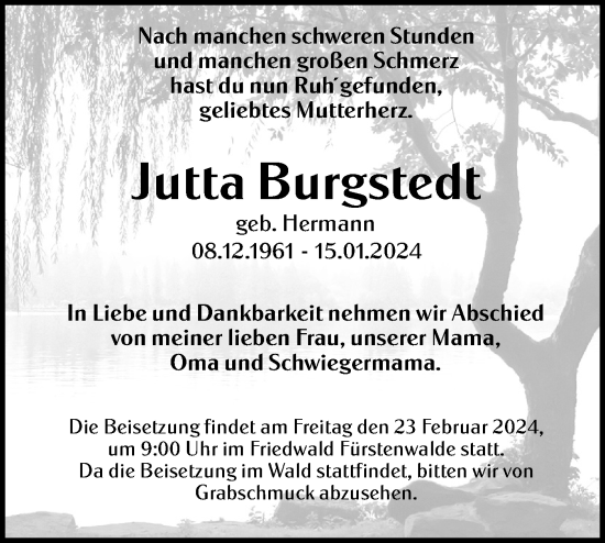 Traueranzeige von Jutta Burgstedt von Märkische Oderzeitung