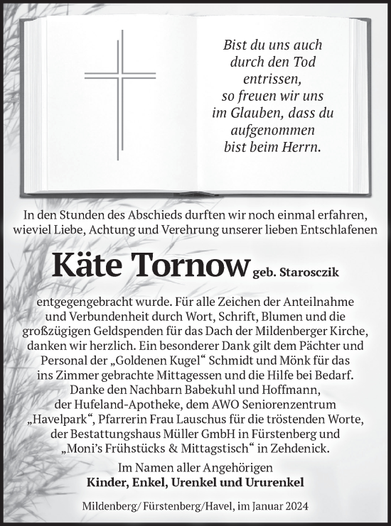 Traueranzeige von Käte Tornow von Märkische Oderzeitung