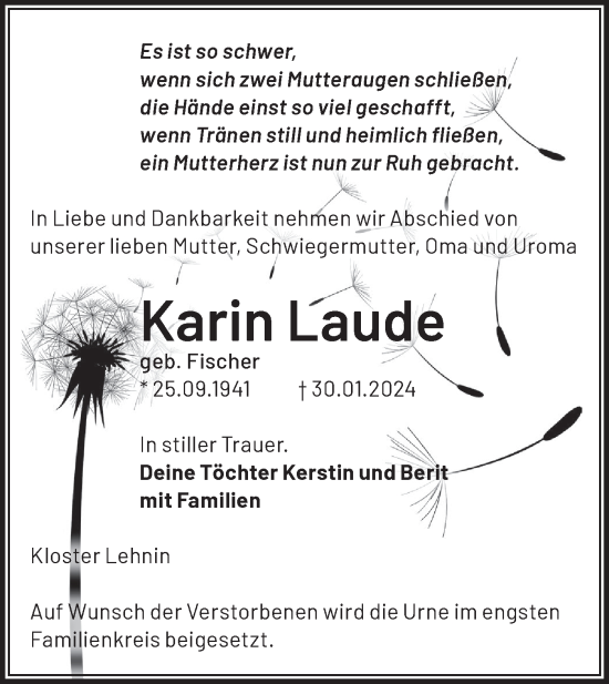 Traueranzeige von Karin Laude von Märkische Oderzeitung