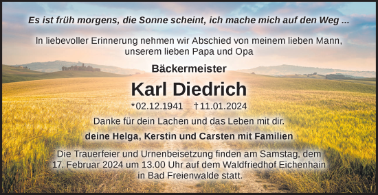 Traueranzeige von Karl Diedrich von Märkische Oderzeitung