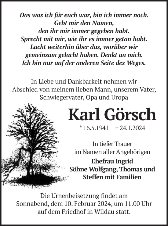 Traueranzeige von Karl Görsch von Märkische Oderzeitung