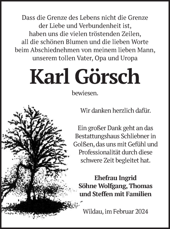 Traueranzeige von Karl Görsch von Märkische Oderzeitung