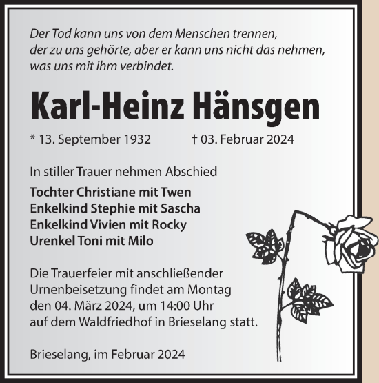 Traueranzeige von Karl-Heinz Hänsgen von Märkische Oderzeitung