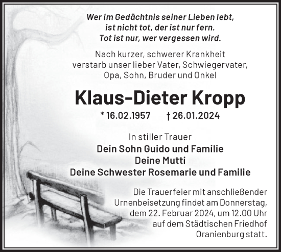 Traueranzeige von Klaus-Dieter Kropp von Märkische Oderzeitung