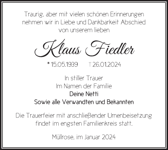 Traueranzeige von Klaus Fiedler von Märkische Oderzeitung