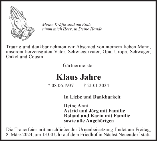 Traueranzeige von Klaus Jahre von Märkische Oderzeitung