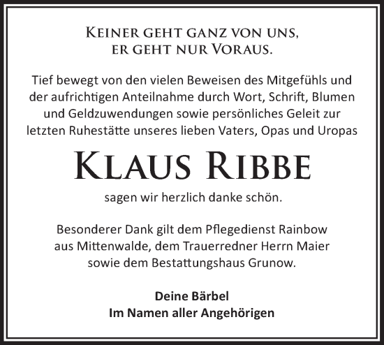 Traueranzeige von Klaus Ribbe von Märkische Oderzeitung