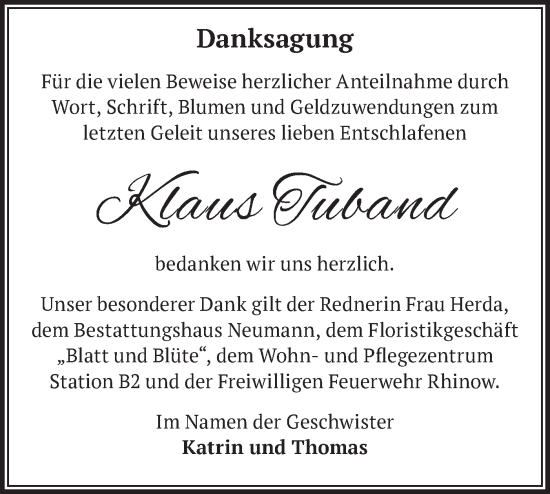 Traueranzeige von Klaus Tuband von Märkische Oderzeitung