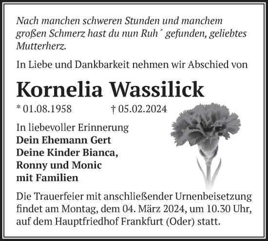Traueranzeige von Kornelia Wassilick von Märkische Oderzeitung