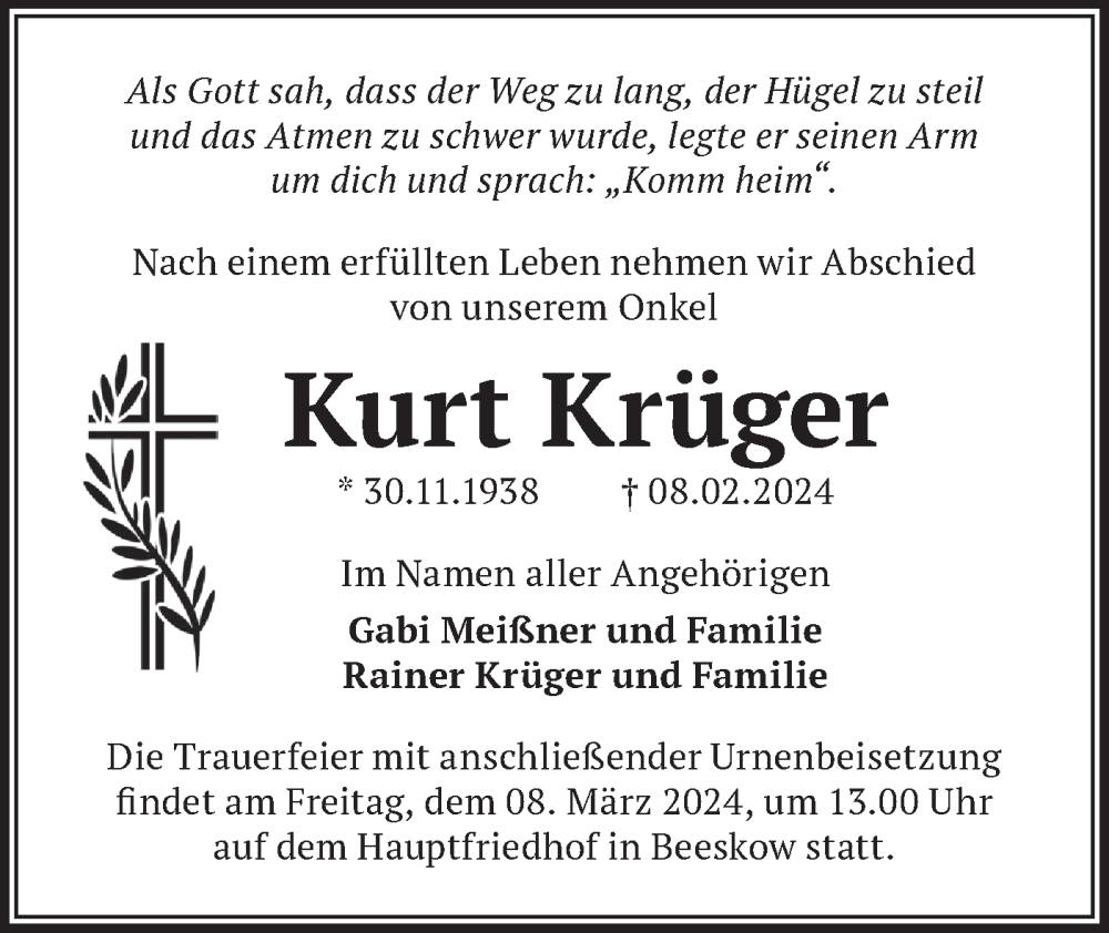  Traueranzeige für Kurt Krüger vom 24.02.2024 aus Märkische Oderzeitung