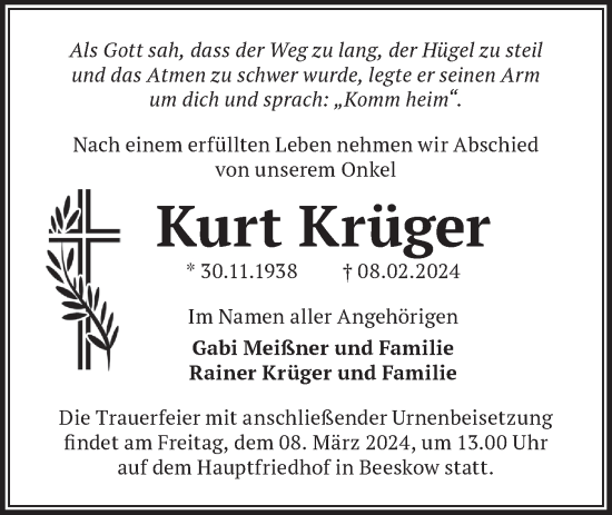 Traueranzeige von Kurt Krüger von Märkische Oderzeitung