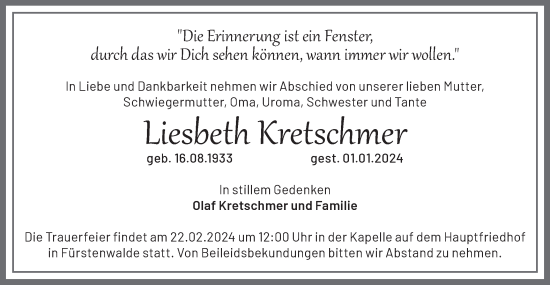 Traueranzeige von Liesbeth Kretschmer von Märkische Oderzeitung