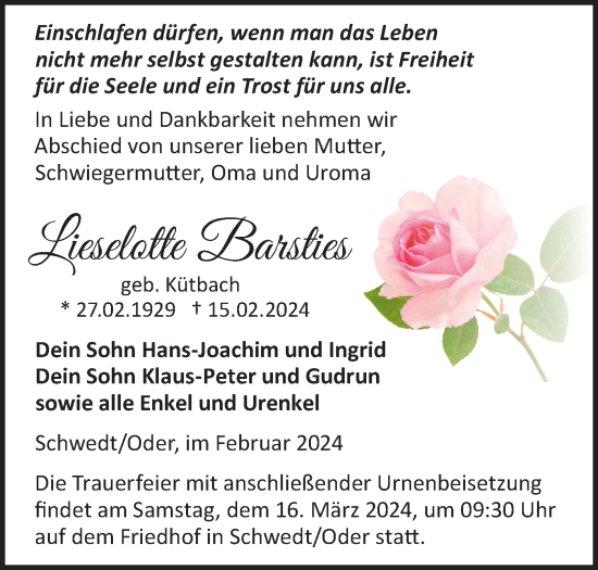 Traueranzeige von Lieselotte Barsties von Märkische Oderzeitung