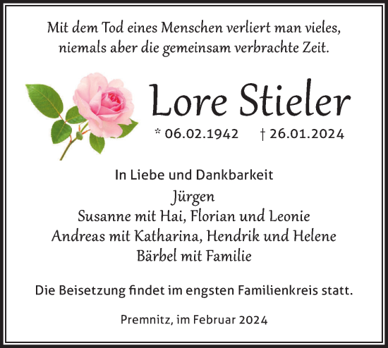 Traueranzeige von Lore Stieler von Märkische Oderzeitung