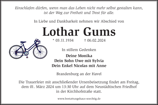 Traueranzeige von Lothar Gums von Märkische Oderzeitung
